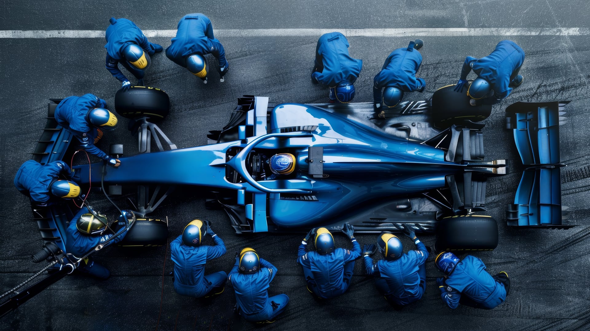 Pit crew in blue servicing a race car, the ksi.P³ metaphor